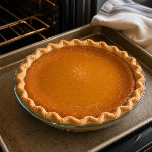 Nearly baked pumpkin pie with set edges and a slightly soft center on a baking sheet.