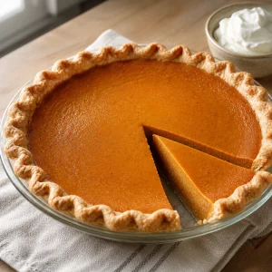 Old-fashioned pumpkin pie with a flaky crimped crust and a clean slice served with whipped cream.