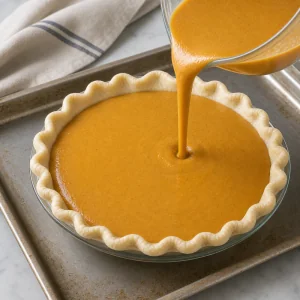 Pumpkin filling being poured into an unbaked crimped pie crust on a rimmed baking sheet.