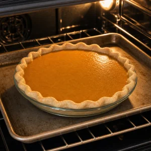 Pumpkin pie beginning to bake in the oven on a rimmed baking sheet.