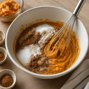 Pumpkin puree, sugars, flour, and warm spices being whisked together in a mixing bowl.