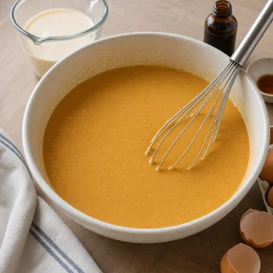 Smooth pumpkin pie filling in a bowl after eggs, evaporated milk, and vanilla are whisked in.