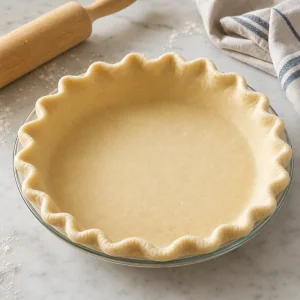 Unbaked pie crust fitted into a pie plate with a neat crimped edge before chilling.