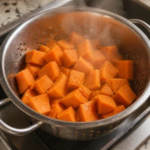 Trozos de batata escurridos soltando vapor en un colador