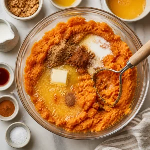 Puré de batata mezclado con mantequilla, azúcar, leche, huevos y especias
