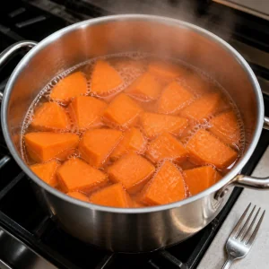 Trozos de batata cociéndose en una olla con agua