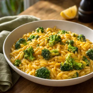 Creamy broccoli cheddar orzo in a shallow bowl