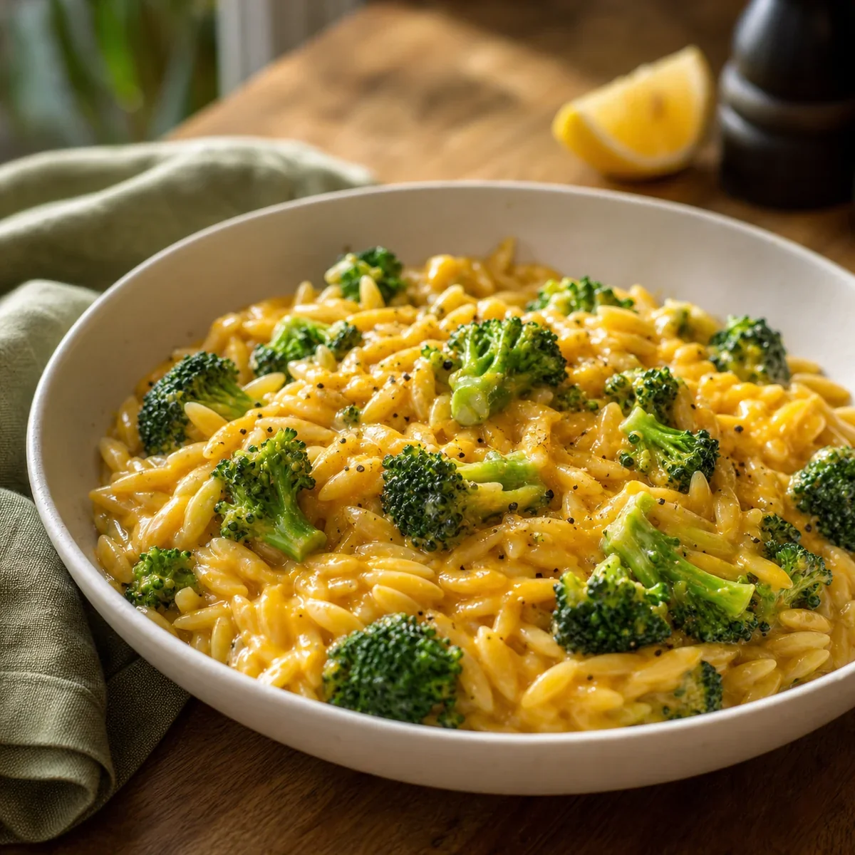 Creamy broccoli cheddar orzo in a shallow bowl