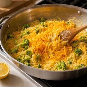 Grated cheddar melting into broccoli orzo