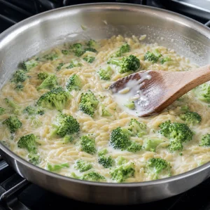 Milk sauce stirred through broccoli orzo