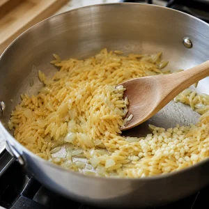 Orzo and garlic toasting with softened onion