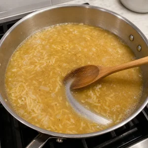 Orzo coming to a simmer in vegetable broth