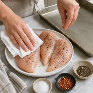 Las pechugas de pollo se secan y se sazonan con sal, pimienta y hojuelas de chile.
