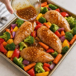 La salsa de miel y ajo se vierte sobre el pollo y las verduras en la bandeja.