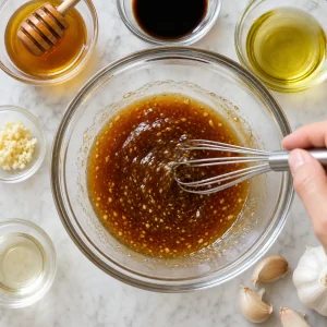 Miel, ajo, salsa de soja, vinagre de arroz y aceite de oliva se baten en una salsa brillante.
