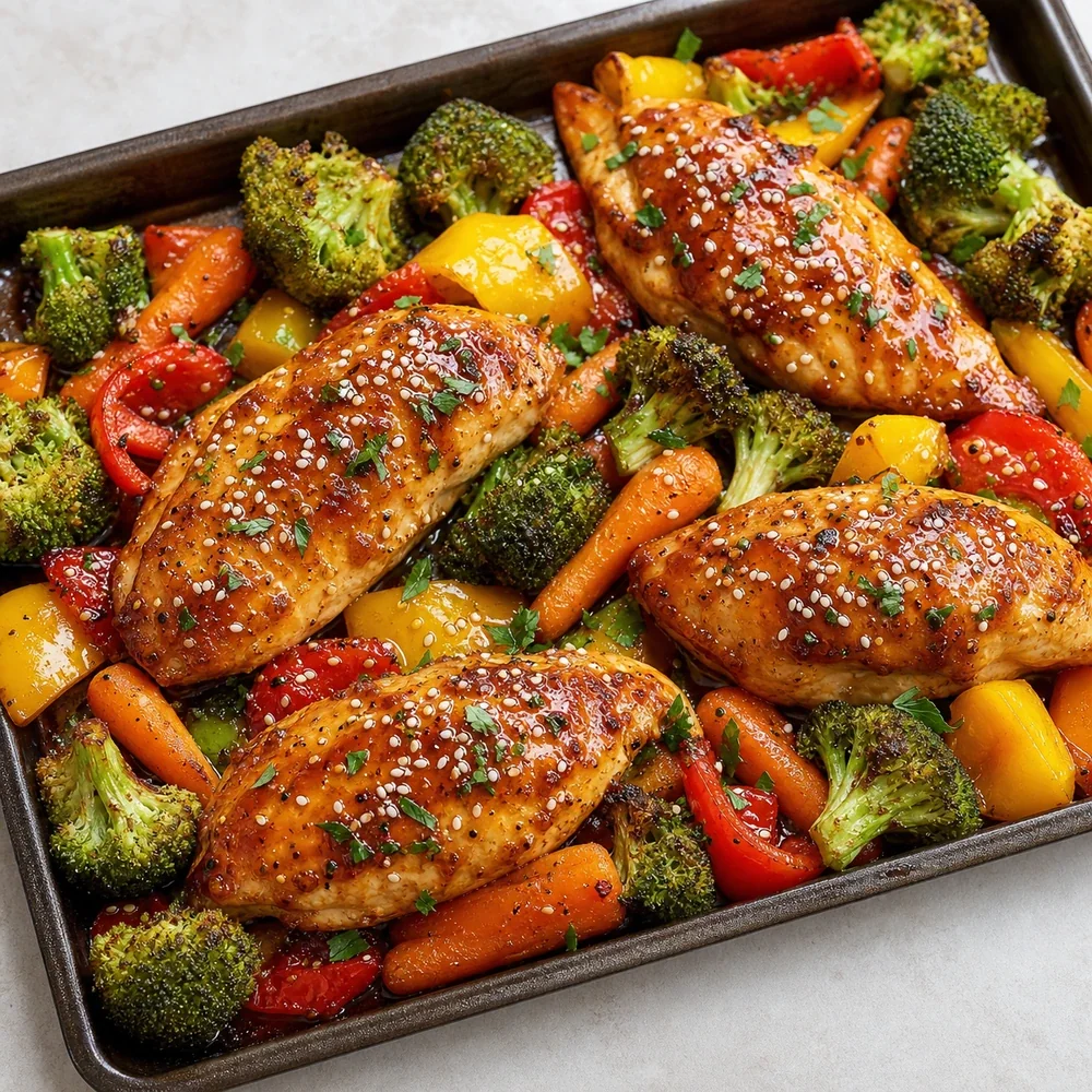 Pollo con miel y ajo en una sola bandeja con brocoli, zanahorias y pimientos asados.