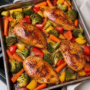 El pollo con miel y ajo y las verduras salen del horno caramelizados y listos.