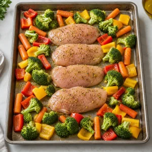 El pollo sazonado se coloca en una bandeja con pimientos, brocoli y zanahorias.