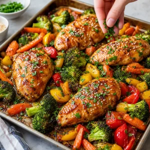 El pollo con miel y ajo terminado se decora con perejil y semillas de sesamo antes de servir.