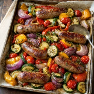 Assado de linguiça e legumes com ervas pronto na assadeira