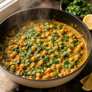 Curry de garbanzos y espinacas terminado con cilantro y limon