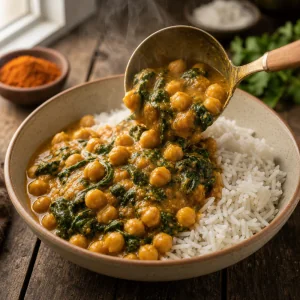 Curry de garbanzos y espinacas servido sobre arroz con coco
