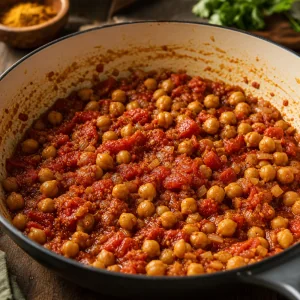 Garbanzos y tomate triturado mezclados con la base especiada