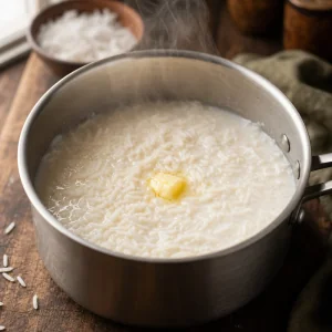 Arroz basmati con coco hirviendo con ghee en una cacerola