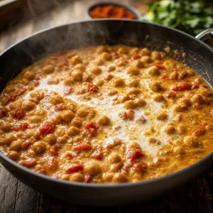 Curry cremoso de garbanzos con coco hirviendo en una sarten amplia
