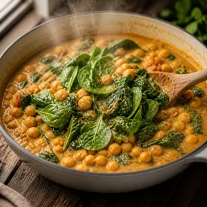 Espinacas frescas marchitandose en el curry de garbanzos