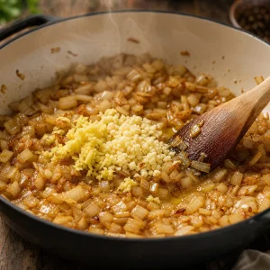Ajo y jengibre picados mezclados con cebolla dorada