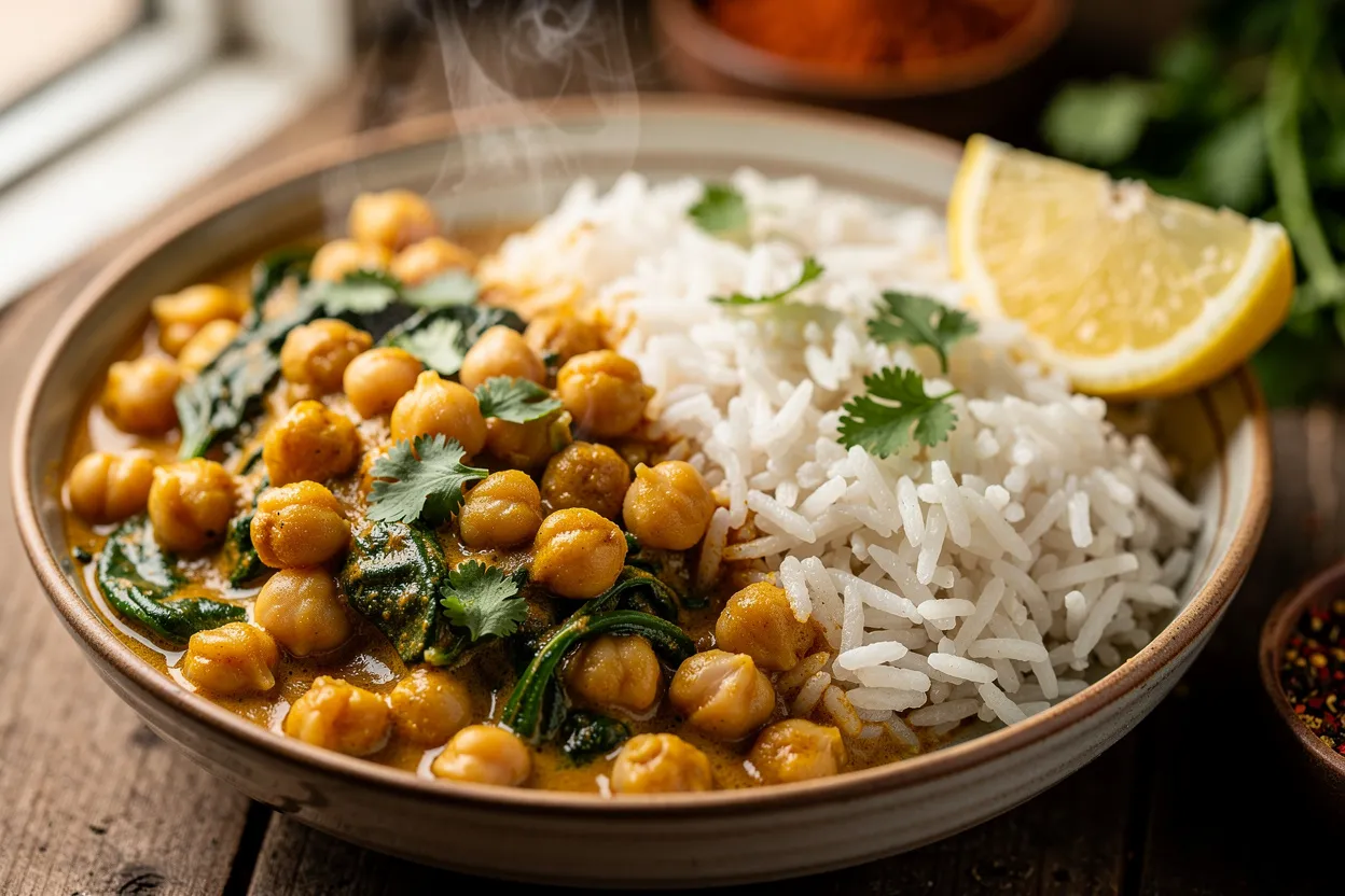One-Pot Chickpea Spinach Curry with Coconut Rice Bowl