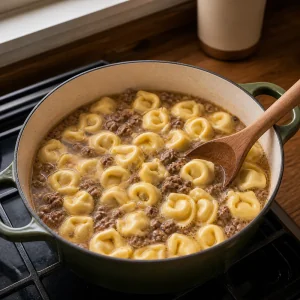 Cheese tortellini simmering in broth with browned sausage in the pot