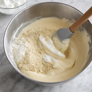 Almond flour and meringue being folded into sponge batter