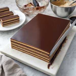 Chilled opera cake trimmed to show clean striped layers