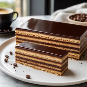 Finished opera cake with glossy chocolate top and neat layered slices