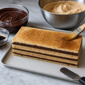 Opera cake layers being brushed with espresso syrup during assembly