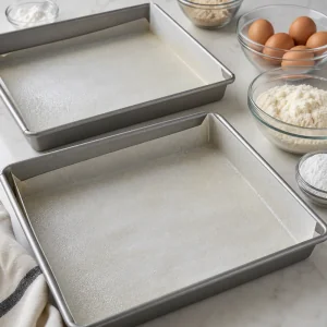 Prepared parchment-lined baking pans for opera cake sponge