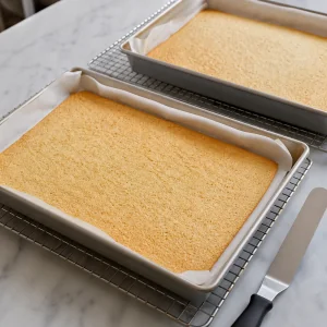 Thin baked almond sponge sheets cooling in pans
