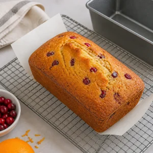 Baked cranberry orange loaf cooling on a wire rack