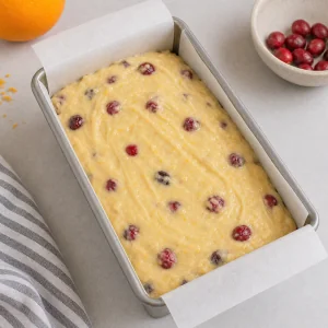 Cranberry orange batter smoothed in a lined loaf pan