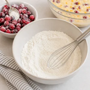Dry ingredients in a bowl with flour-dusted cranberries