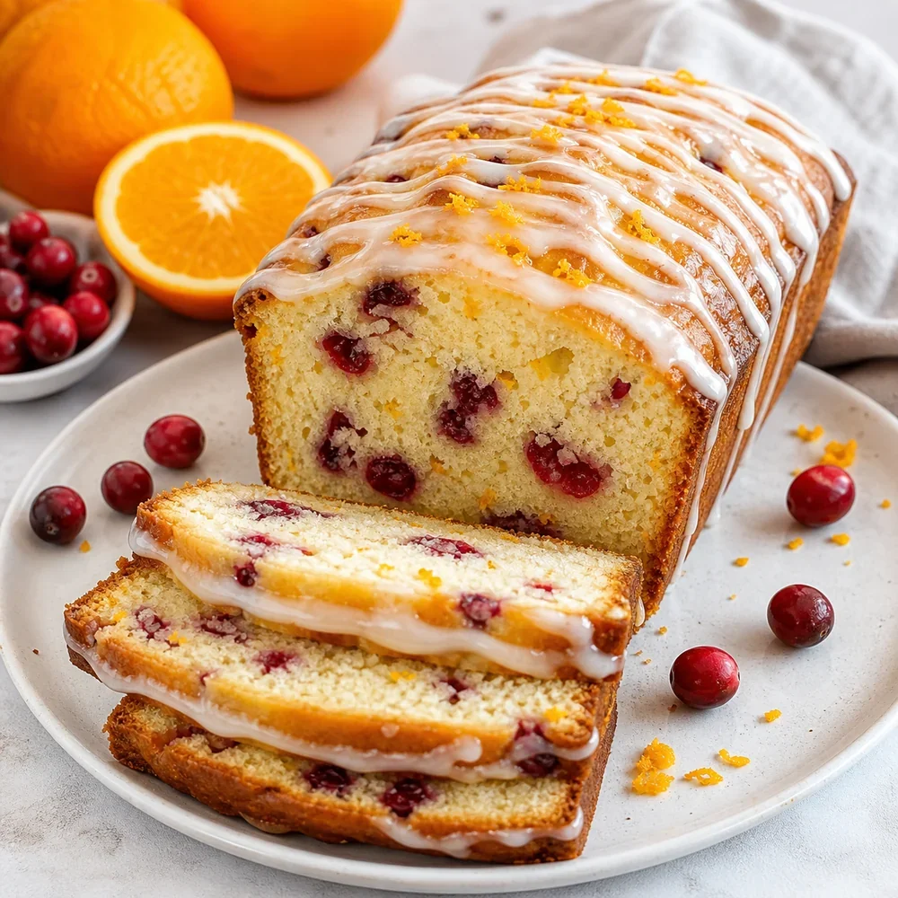 Glazed orange cranberry breakfast loaf with sliced pieces