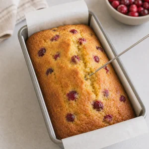 Golden cranberry orange loaf checked with a cake tester
