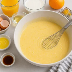 Smooth orange batter whisked with eggs and buttermilk