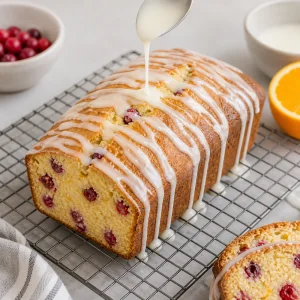 Vanilla glaze drizzled over orange cranberry loaf