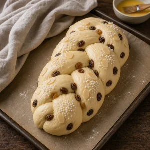 Braided Osterzopf dough risen until puffy before baking