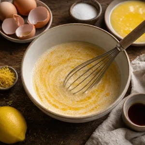 Eggs, melted butter, vanilla, and lemon zest whisked into yeast milk