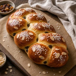 Freshly baked golden Osterzopf with almonds and pearl sugar