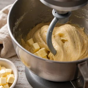 Soft Osterzopf dough mixing with flour and butter in a stand mixer